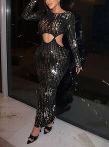 SHEIN SXY Cắt bỏ eo Kim sa Váy bodycon - màu đen - Xem 4