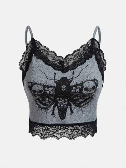 Y2Kool Robin Künstler Dunkel Totenkopf Muster Kontrast Spitze Träger Top, für Sommer, Urlaub, Ferien, Frühling, Strand, Ausgehen, Festival, Ibiza passend für Herbst Lässig Stylische Kollektion Neujahr Gyaru Grafik Top Party Top Frühling Frauen Geburtstag für Frauen Karneval