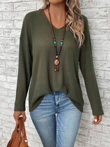 EMERY ROSE Women's Solid V-Neck Drop Shoulder Long Sleeve Loose Casual T-Shirt, Spring & Summer Tops With Sleeves Fall Women Clothes - Army Green - View 5