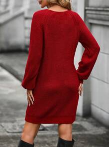 SHEIN LUNE Lace Up Front Raglan Sleeve Sweater Dress - Burgundy - View 2