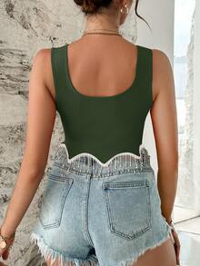 SHEIN Essnce Rhinestone Fringe Hem Crop Tank Top - Army Green - View 2