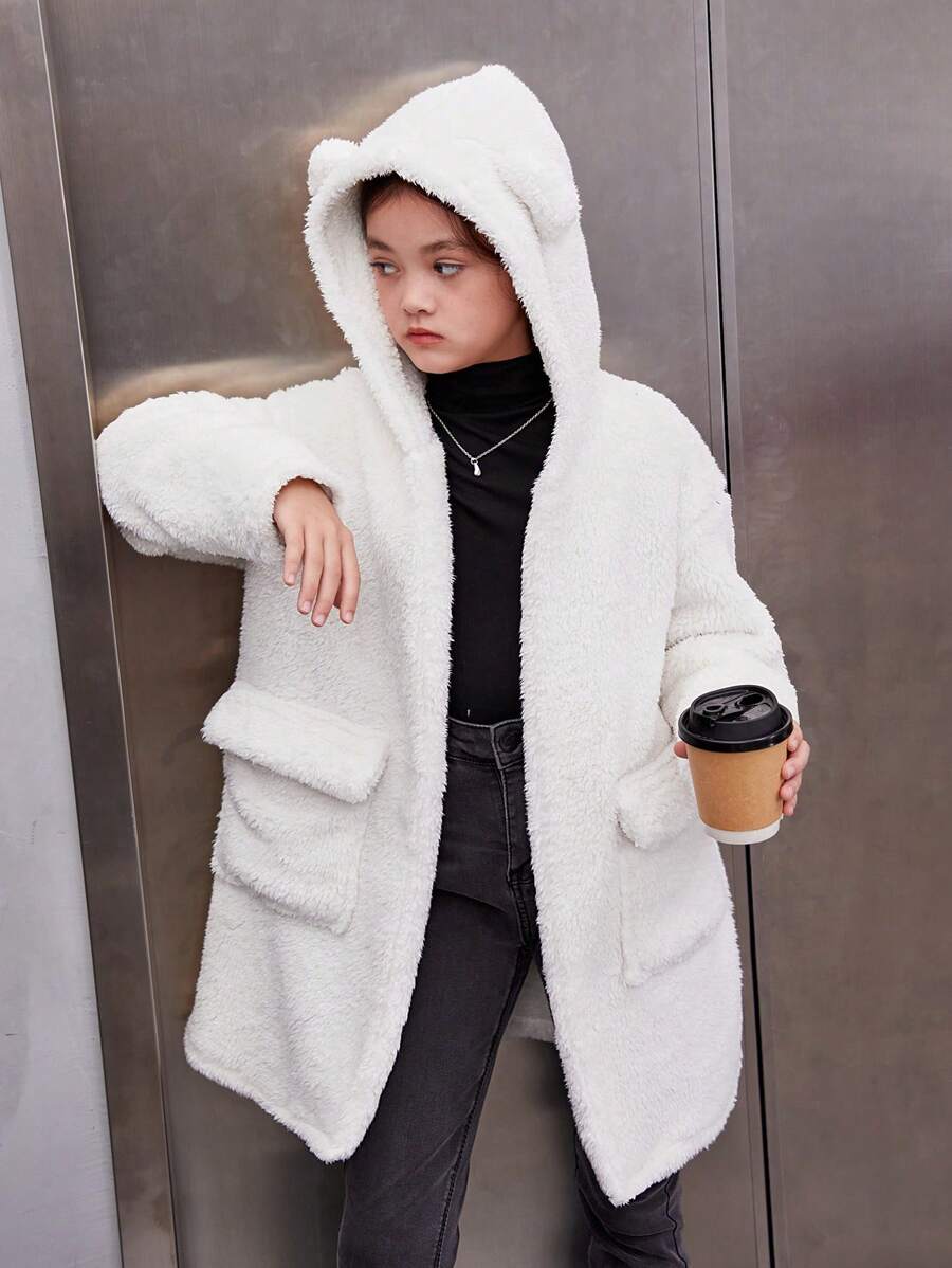 SHEIN Tween Girl Flap Pocket 3D Ear Design Hooded Teddy Coat - White - View 1
