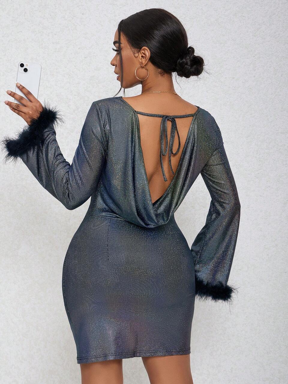 Fuzzy Cuff Trumpet Sleeve Bodycon Dress Fall Cloth For Women