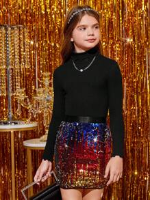 SHEIN 女大童高領木耳邊T恤和亮片半身裙 - 彩色 - 查看 1