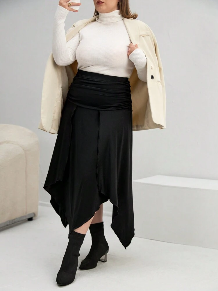 Plus Solid Ruched Asymmetrical Hem Skirt