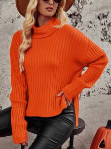 SHEIN LUNE Halloween Turtleneck Drop Shoulder Split Hem Sweater - Orange - View 3