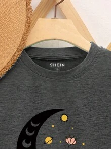 SHEIN Essnce Moon & Floral Print Tee - Dark Grey - View 3