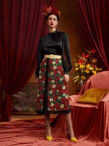Frida Kahlo X SHEIN X Designer PANUCO Floral Print Split Hem Belted Skirt