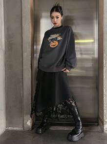 DAZY 万圣节印花落肩卫衣，秋装 - 灰色 - 查看 5