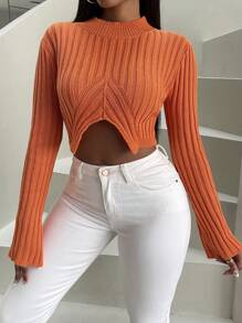 Zolique Mock Neck Split Hem Crop Sweater Knit Pullover Fall Winter Outfit