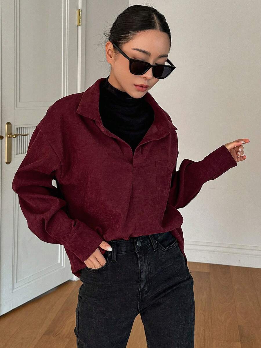 DAZY Đã vá Túi Thả vai Áo sơ mi - Màu Đỏ Sâu - Xem 1
