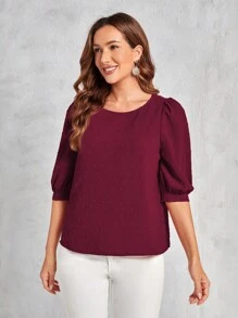 EMERY ROSE Swiss Dot Puff Sleeve Blouse - Burgundy - View 4