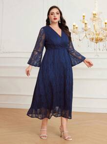 Modelyn 大碼翻領喇叭袖蕾絲洋裝 - 藏蓝色 - 查看 3