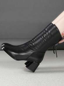 Women's Casual And Fashionable Mid-Calf Black Boots For Outdoor Wear In Autumn Or Winter, Made Of Faux Leather,Match With Black Dress