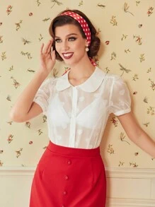 SHEIN DECDS 心提花泡泡袖襯衫 - 白色 - 查看 5