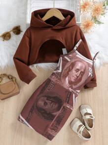 SHEIN Garota Jovem Impressão De Dólar Vestido Cami & Capuz Crop Super