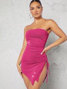 SHEIN BAE 側抽繩高衩金屬亮絲抹胸洋裝 - 玫紅色 - 查看 4