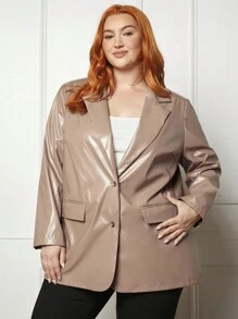 SHEIN CURVE+ Plus Lapel Neck PU Leather Blazer - Yellow - View 3