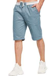 男士腰部抽繩斜口袋短褲 - 霧霾藍 - 查看 1