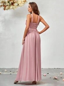 SHEIN Belle Contrast Lace Halter Neck Chiffon Bridesmaid Dress - Dusty Pink - View 2