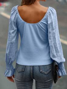 Swiss Dot Flare Sleeve Rib-knit Top