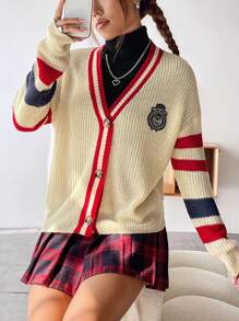 SHEIN Qutie Mẫu sọc Chi tiết vá Thả vai Áo len Mở - Màu be - Xem 8