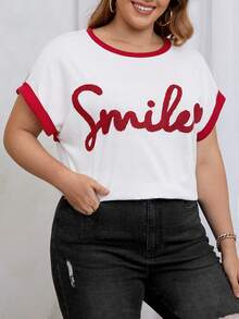 SHEIN Franclia Plus Letter Graphic Contrast Binding Batwing Sleeve Tee - Multicolor - View 4