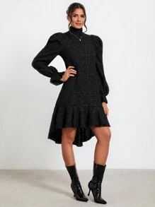 Claude Russell Vestido de cuello cisne de manga amplia bajo con fruncido - Negro - Ver 1