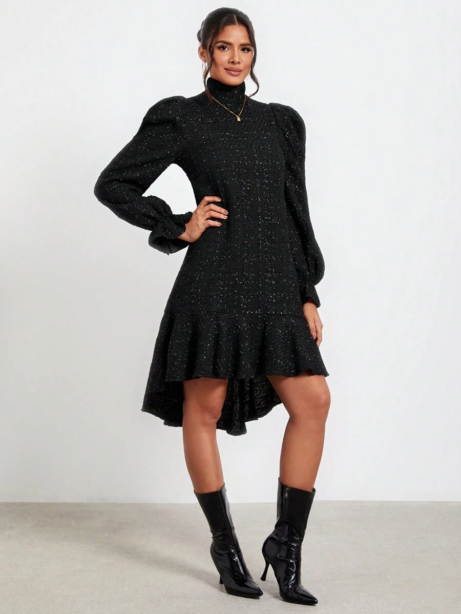 Claude Russell Vestido de cuello cisne de manga amplia bajo con fruncido - Negro - Ver 1