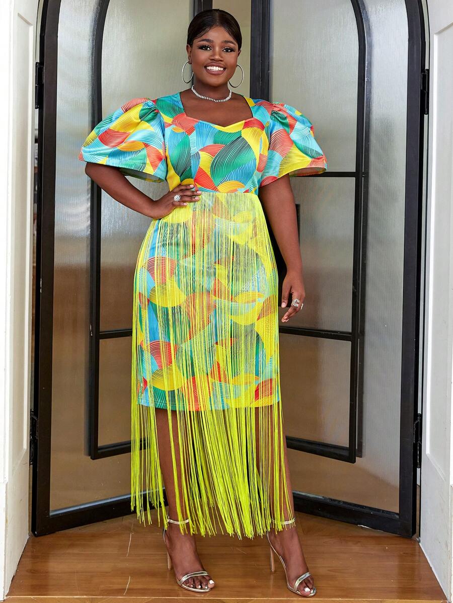 Hơn In Toàn bộ Viền rìa Đầm - Màu vàng - Xem 1