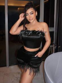 SHEIN SXY Zipper Fly Fuzzy Trim Shorts - Black - View 3