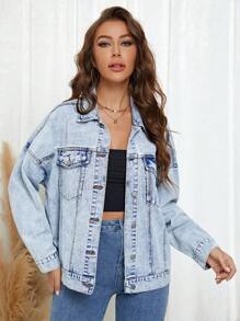 SHEIN Essnce Cazadora mezclilla de hombros caídos con bolsillo con solapa - Azul lavado medio - Ver 1