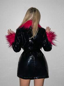 Sweetina Trang trí Fuzzy Thắt lưng chất liệu da PU Câu lạc bộ áo - màu đen - Xem 3