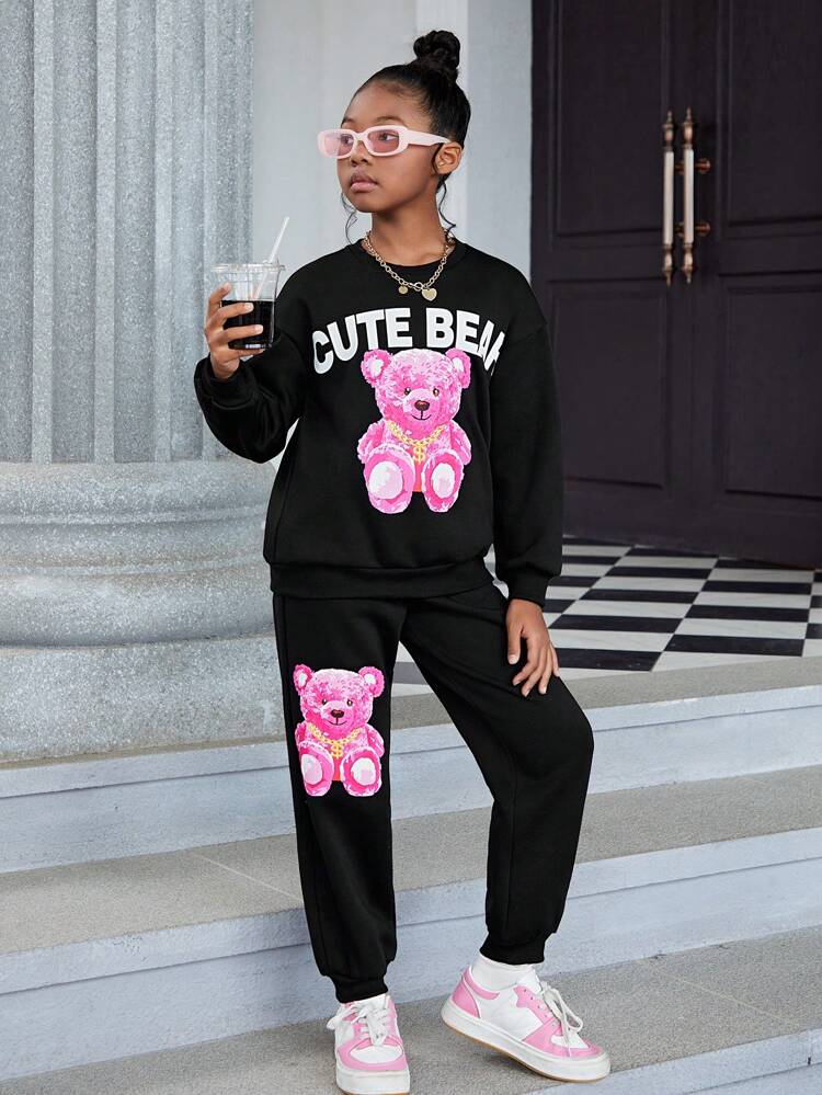 Tween Girls Casual Street-Style Bear Print Knit Pullover Sweatshirt Set, Fleece Thickened