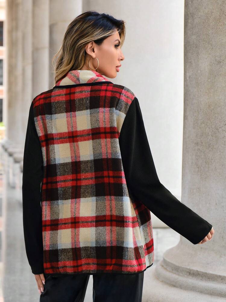 Plaid Print Open Front Coat Fall Cloth For Women