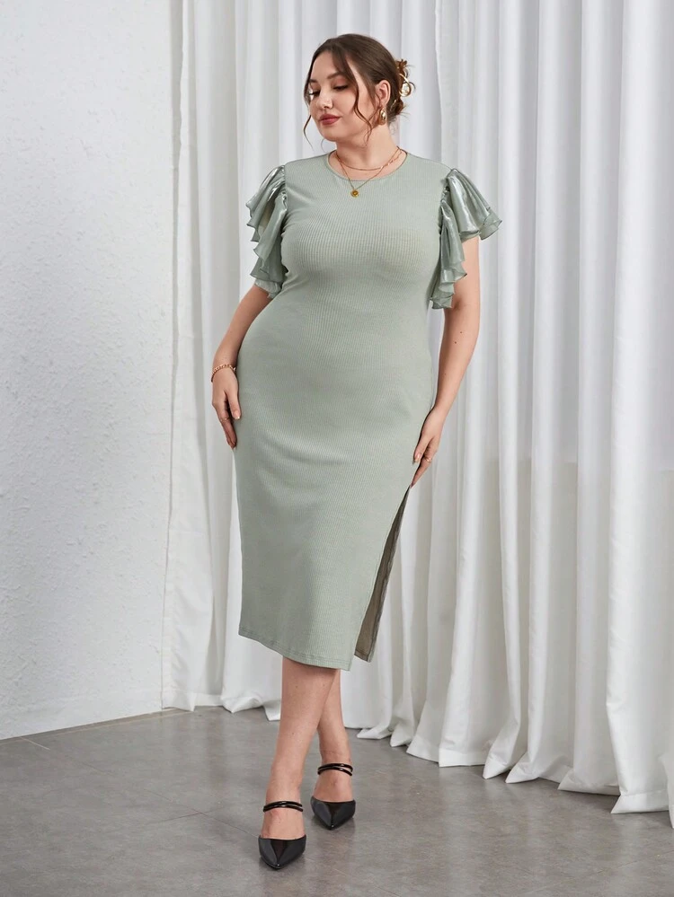 Plus Butterfly Sleeve Split Thigh Dress