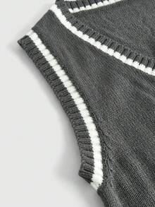 Harry Potter | ROMWE Letter Patched Striped Trim Sweater Vest - Dark Grey - View 3