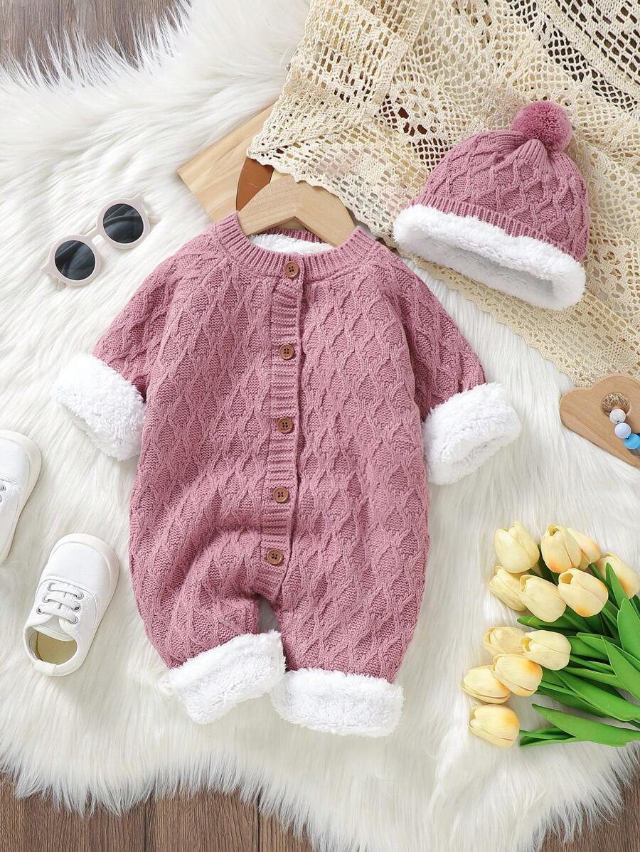 SHEIN Girls Baby Button Through Thermal Knit Jumpsuit With Hat - Pink - View 1