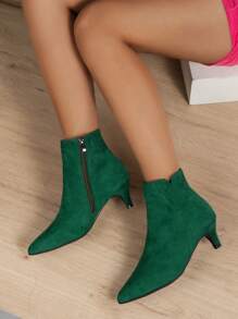 Women's Minimalist Pointed Toe Block Heel Short Boots With Side Zipper, Green, Autumn/Winter,Boots For Women,Kitten Heels