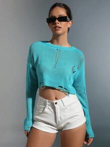 SHEIN Unity 素色落肩袖破洞短款毛衣 - 淺藍色 - 查看 5