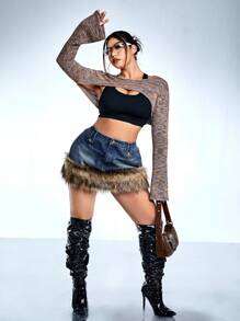 SHEIN ICON 大碼嬉皮士段染落肩袖超短版套頭毛衣不附胸罩 - 彩色 - 查看 7