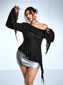 SHEIN ICON Plus Asymmetrical Neck Ruffle Trim Flare Sleeve Tee - Black - View 1