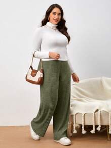 SHEIN Essnce Plus High Waist Ribbed Knit Pants - Army Green - View 4