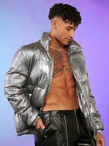 FeverCity Men Holographic Zip Up Padded Coat - Silver - View 1