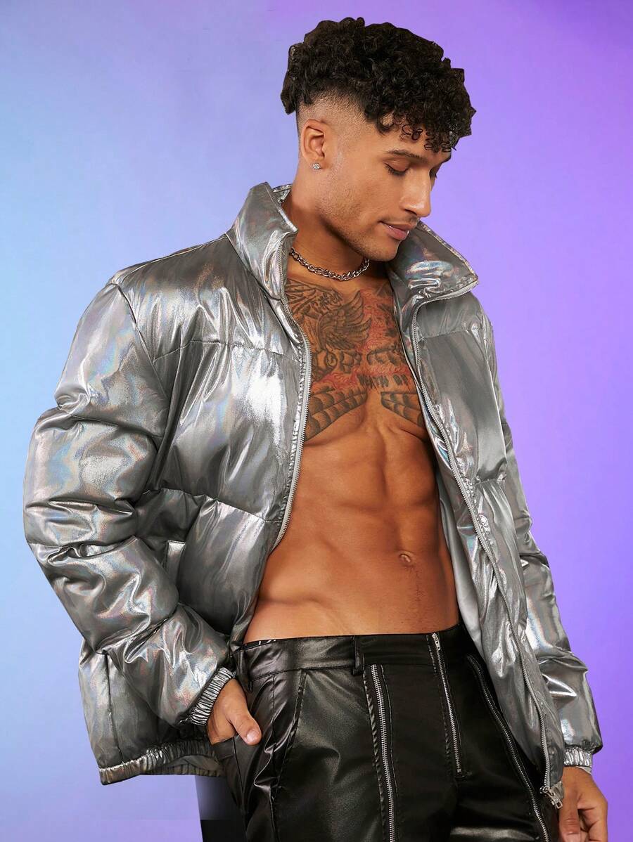 FeverCity Men Holographic Zip Up Padded Coat - Silver - View 1