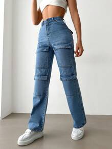 SHEIN Cottnline High Waist Flap Pocket Straight Leg Jeans - Medium Wash - View 3