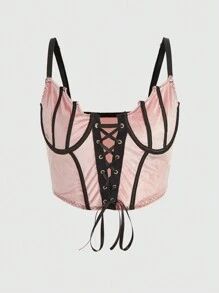 ROMWE Goth 前繫帶撞色滾邊吊帶上衣 - 粉色 - 查看 1