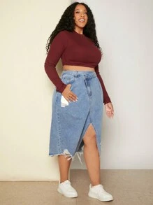 SHEIN CURVE+ 大碼破洞毛邊緣高衩牛仔半身裙 - 藍色 - 查看 5