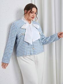 SHEIN Privé 大碼格紋印花繫帶領夾克 - 藍色 - 查看 1