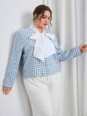 SHEIN Privé 大碼格紋印花繫帶領夾克